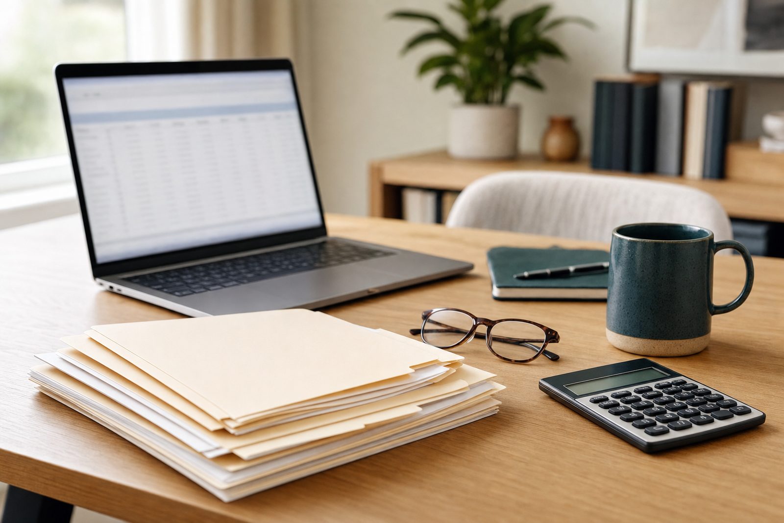 Tax preparation and year-round tax planning workspace with laptop, organized client files, and calculator