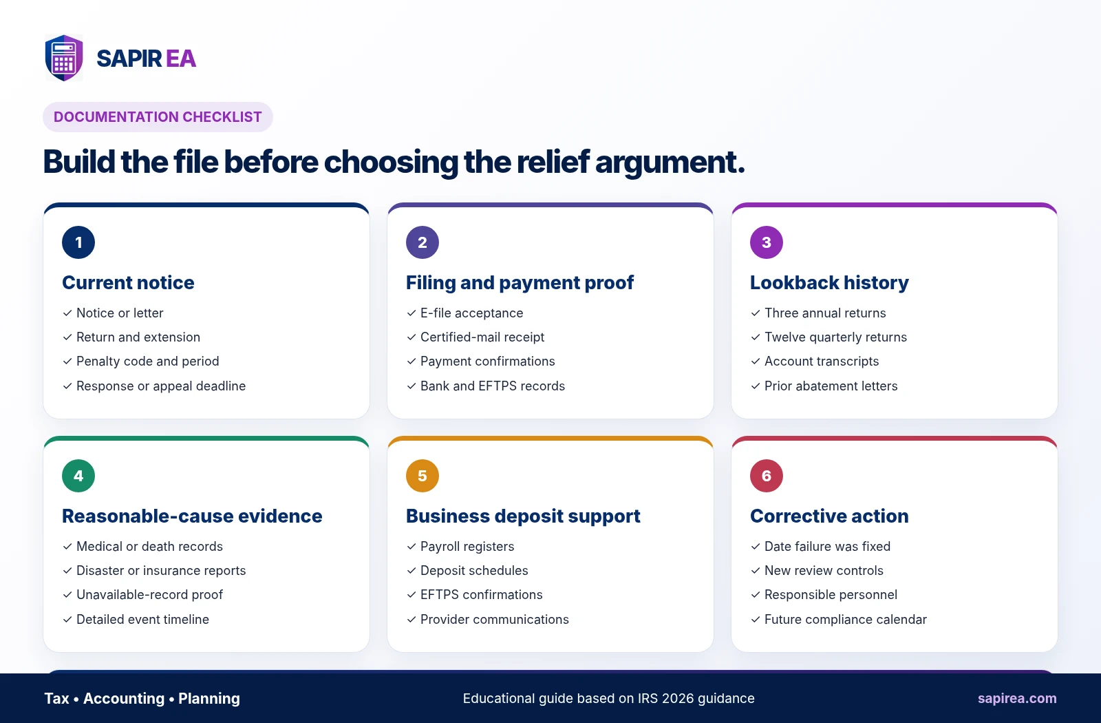 aep-documentation-checklist.png Checklist of documents taxpayers should gather before requesting IRS penalty relief or reviewing Automatic Exemption from Penalty eligibility.