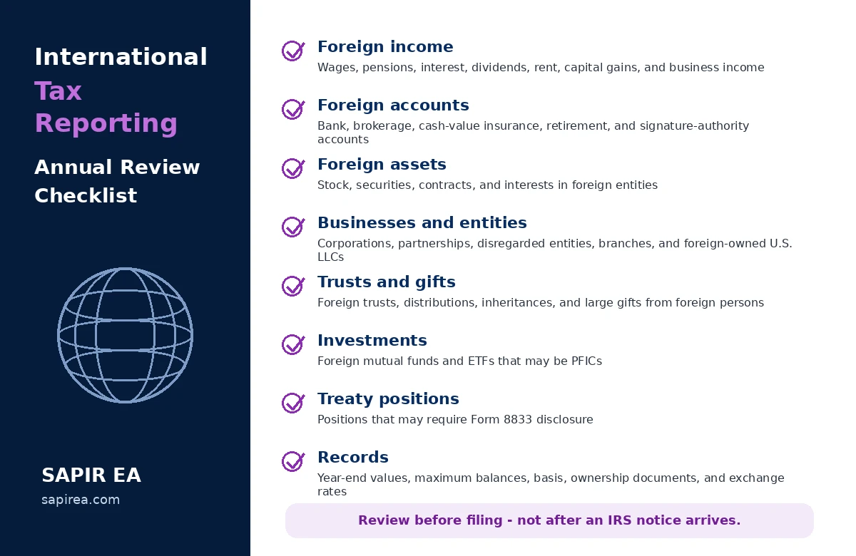 international-tax-reporting-checklist.png International tax reporting annual review checklist covering foreign income, accounts, assets, entities, trusts, gifts, investments, treaty positions, and records.