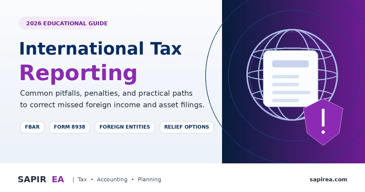 Branded SAPIR EA hero graphic for an international tax reporting guide about pitfalls, penalties, and correction options.
