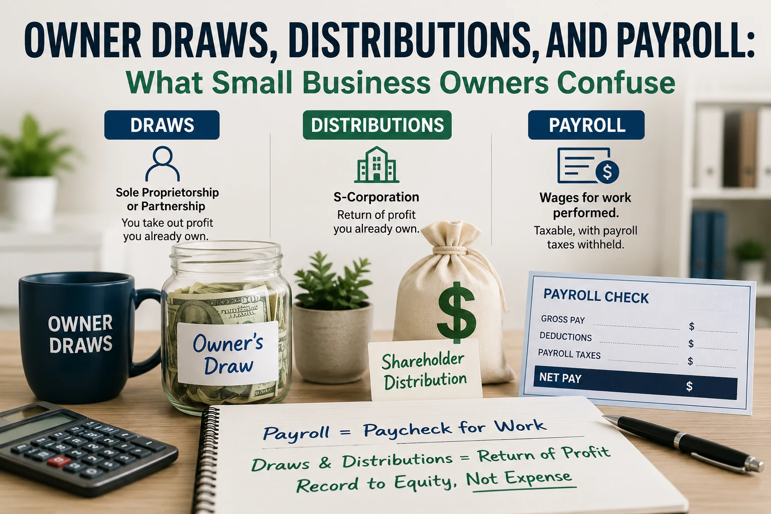 Owner draws, S-Corp distributions, and payroll comparison explaining how small business owners pay themselves