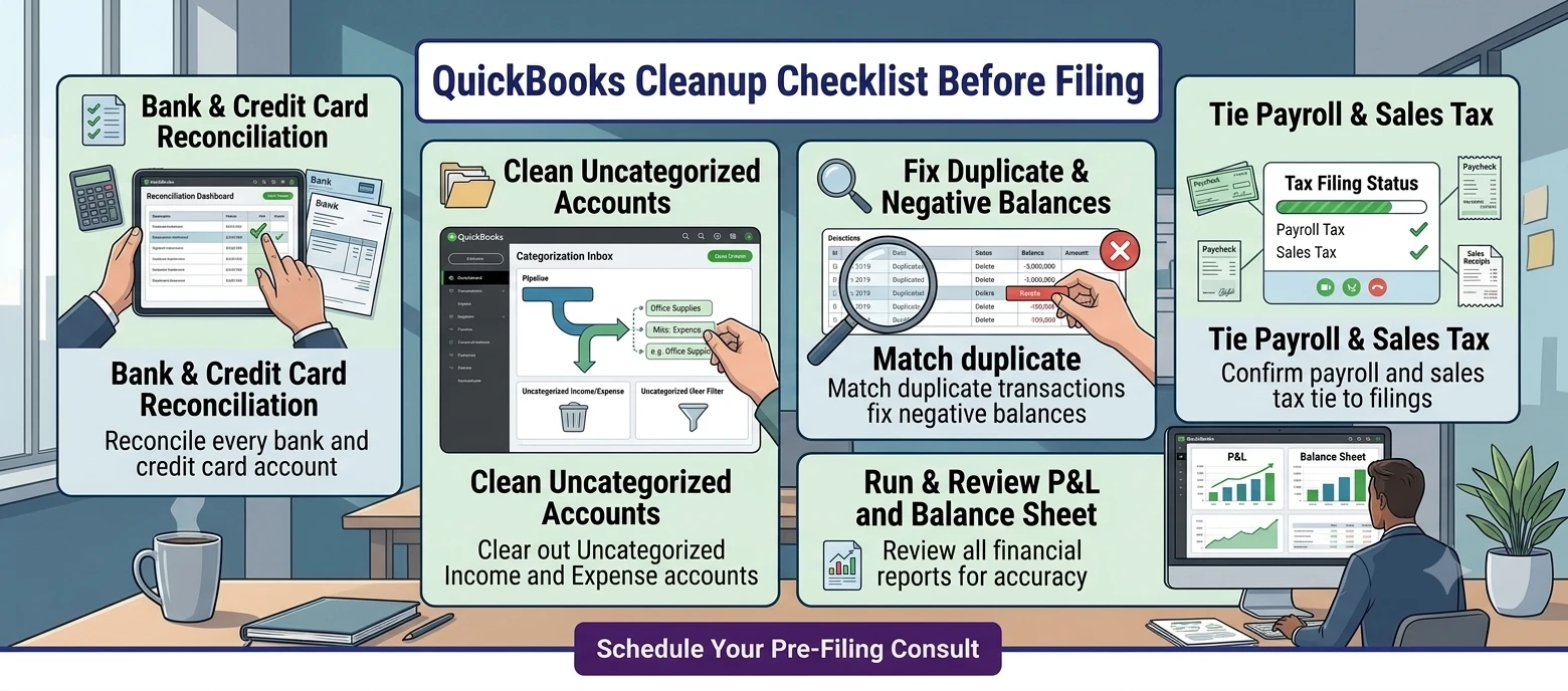 QuickBooks cleanup checklist infographic showing bank reconciliation, uncategorized account cleanup, duplicate transaction removal, payroll and sales tax verification, and financial statement review before tax filing.
