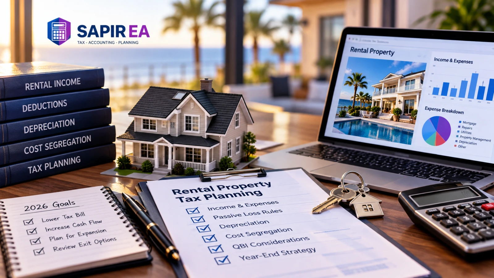 Rental real estate tax planning for 2026 featuring a model rental home, income and expense reports, depreciation, cost segregation, passive loss rules, and tax strategy checklist by SAPIR EA.