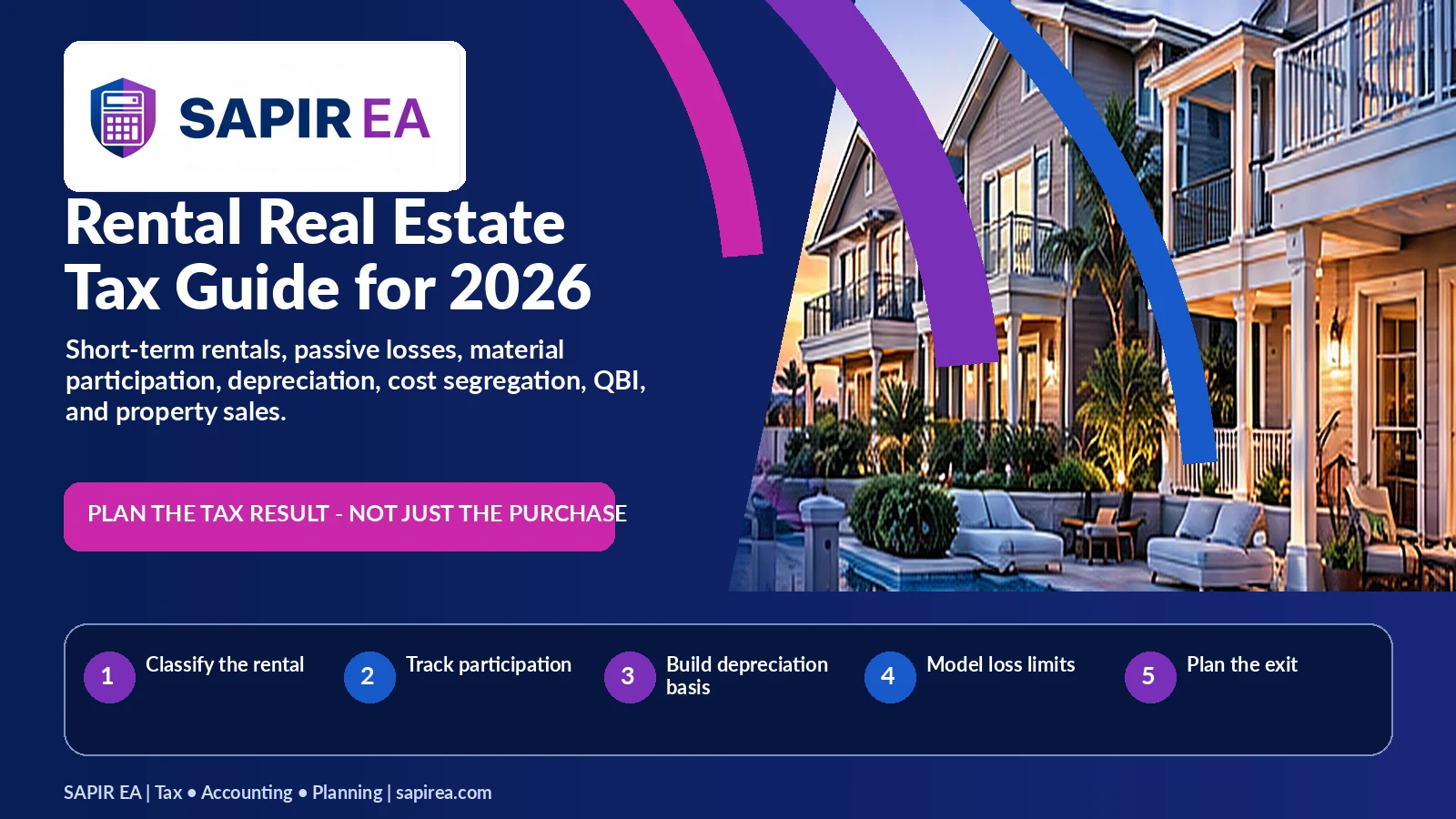 rental-real-estate-tax-guide-hero.png SAPIR EA 2026 rental real estate tax guide featuring residential rental properties and key tax planning topics, including passive losses, depreciation, cost segregation, and property sales.