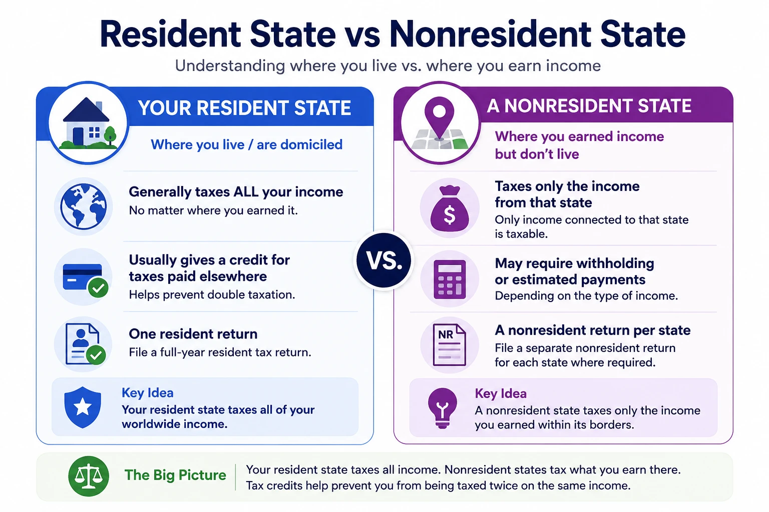 Resident-vs-Nonresident-Tax-Rules.png Comparison chart explaining the differences between resident and nonresident state tax returns and how each state taxes income.