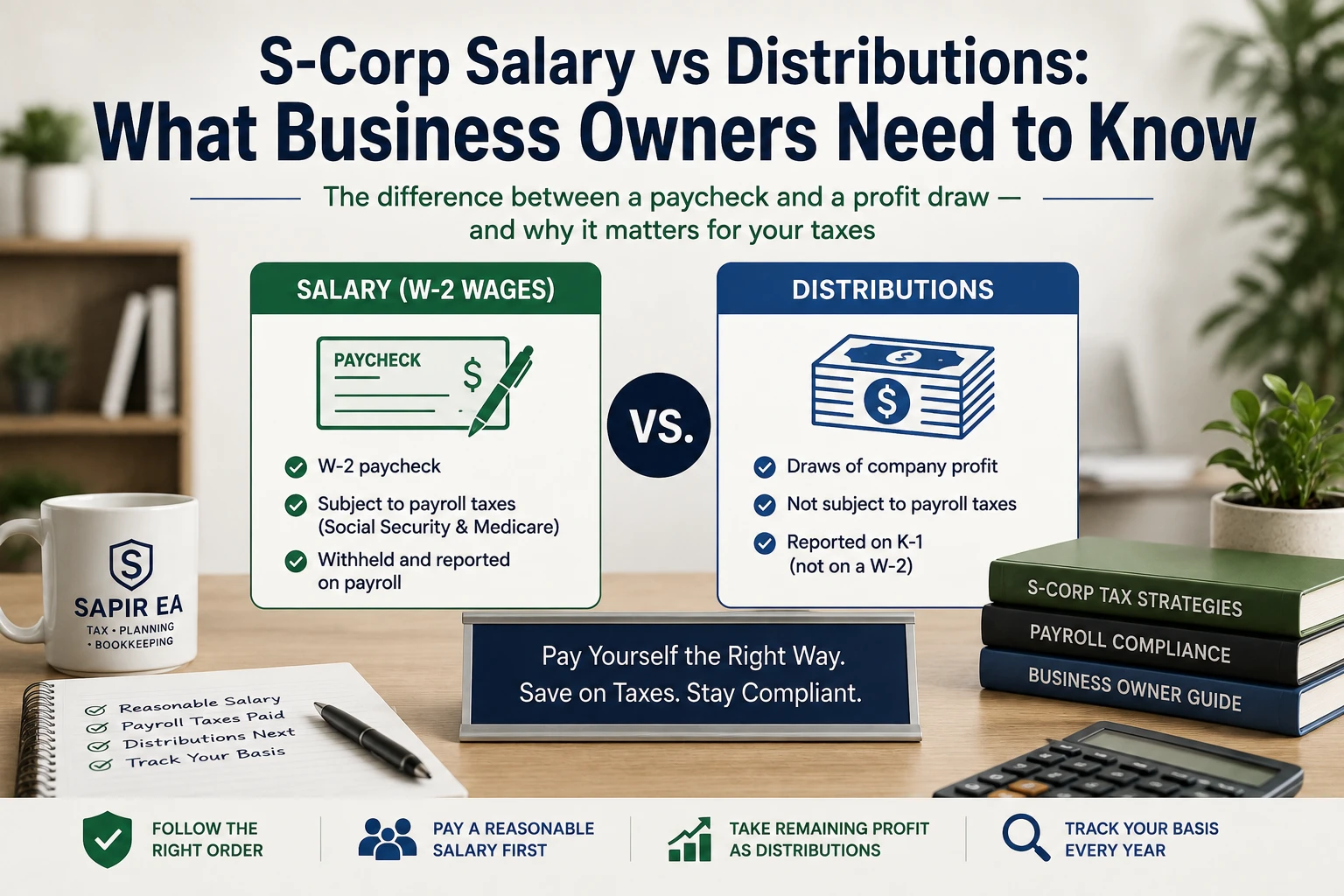 S-Corp salary vs distributions explained for business owners, comparing W-2 wages, payroll taxes, profit distributions, and basis.