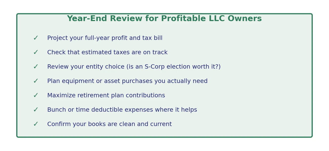 Year-end-review-for-profitable-LLC-owners.png Year-end review checklist for profitable LLC owners including profit projections, estimated tax review, S-Corp evaluation, equipment purchases, retirement contributions, deductible expenses, and bookkeeping review.