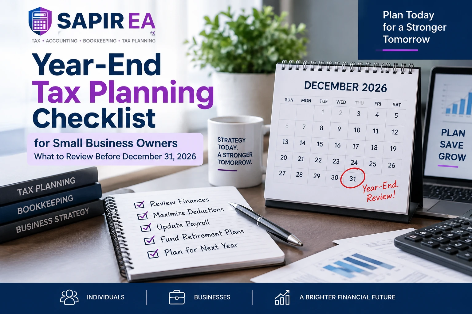 Year-end tax planning checklist for small business owners reviewing finances, deductions, payroll, retirement plans, and December 31 deadlines