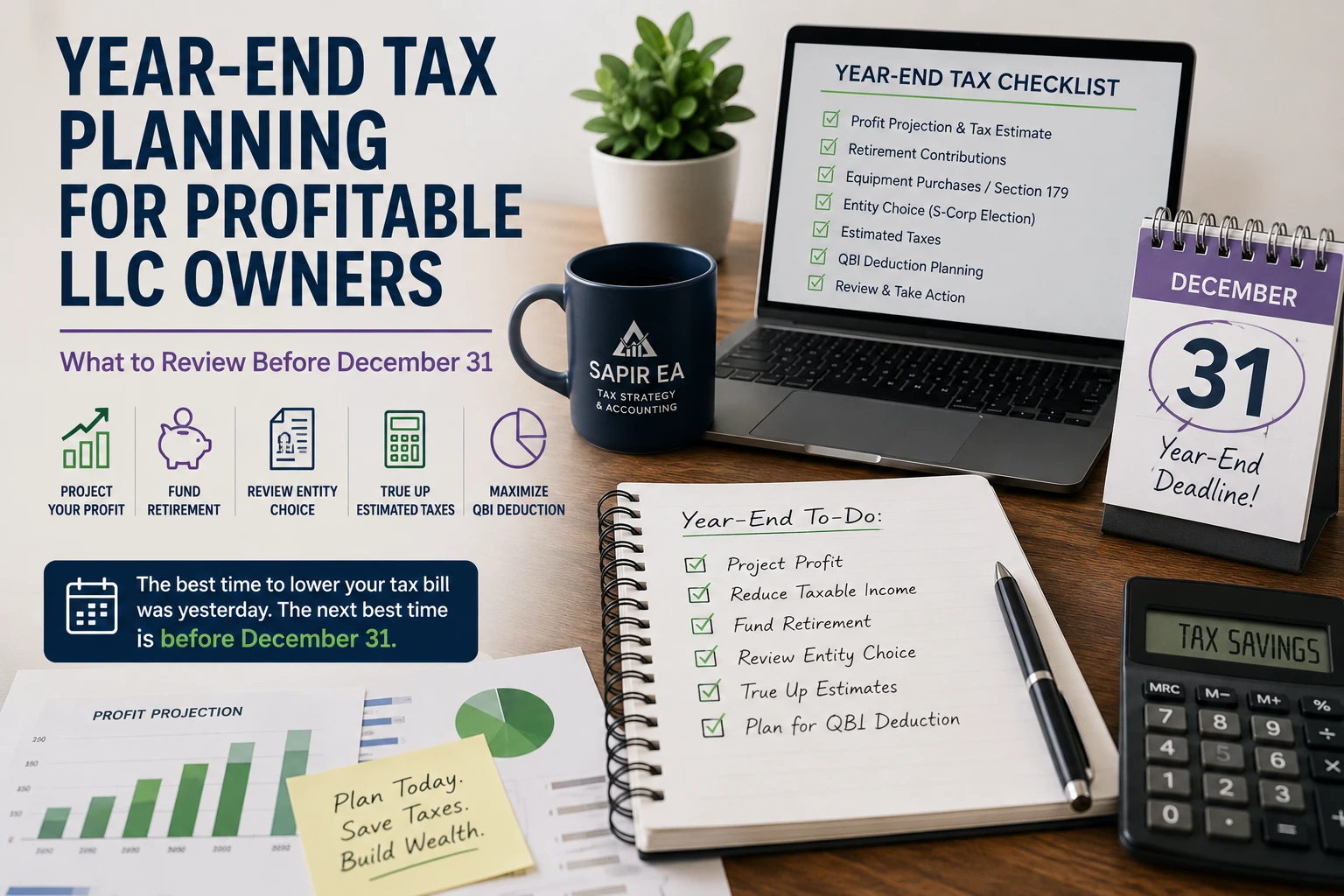 Year-end tax planning checklist for profitable LLC owners highlighting profit projections, retirement contributions, estimated taxes, entity review, and QBI planning before December 31.