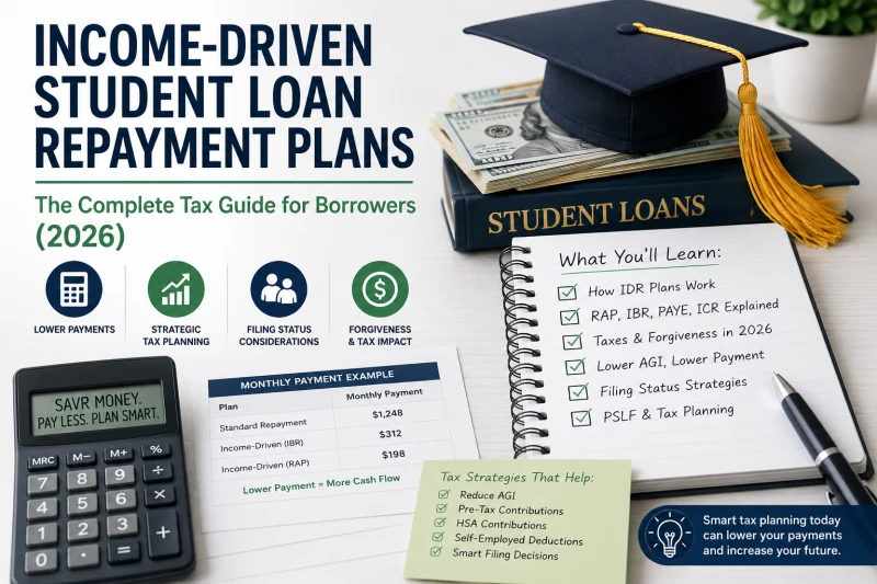 Income-driven student loan repayment guide for 2026 showing IDR plans, tax planning strategies, AGI reduction, loan forgiveness, and monthly payment comparisons.