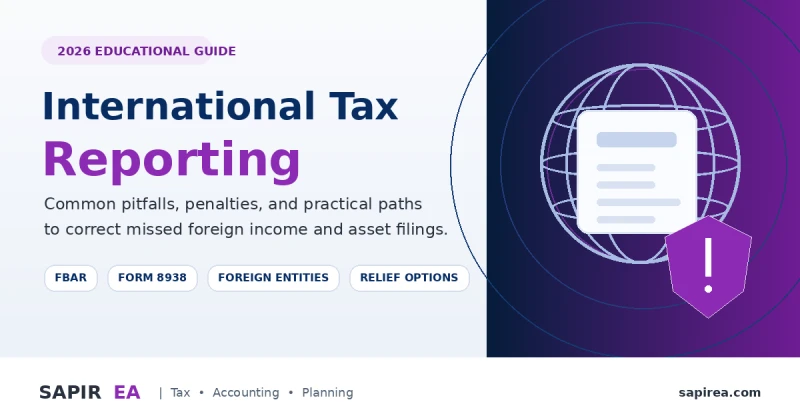 Branded SAPIR EA hero graphic for an international tax reporting guide about pitfalls, penalties, and correction options.