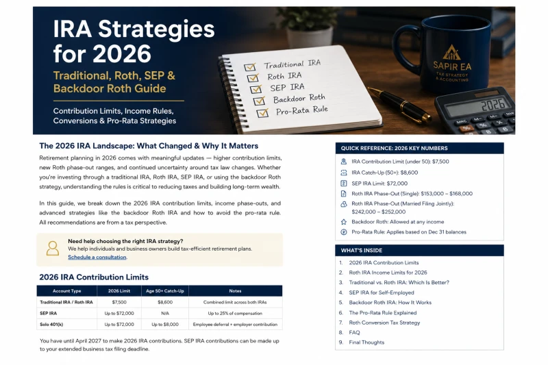 2026 IRA strategies guide showing Traditional IRA, Roth IRA, SEP IRA, Backdoor Roth conversion, contribution limits, and tax planning concepts.