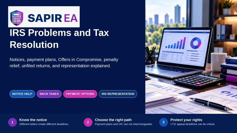 IRS problems and tax resolution guide covering tax notices, back taxes, payment options, Offers in Compromise, penalty relief, and IRS representation.