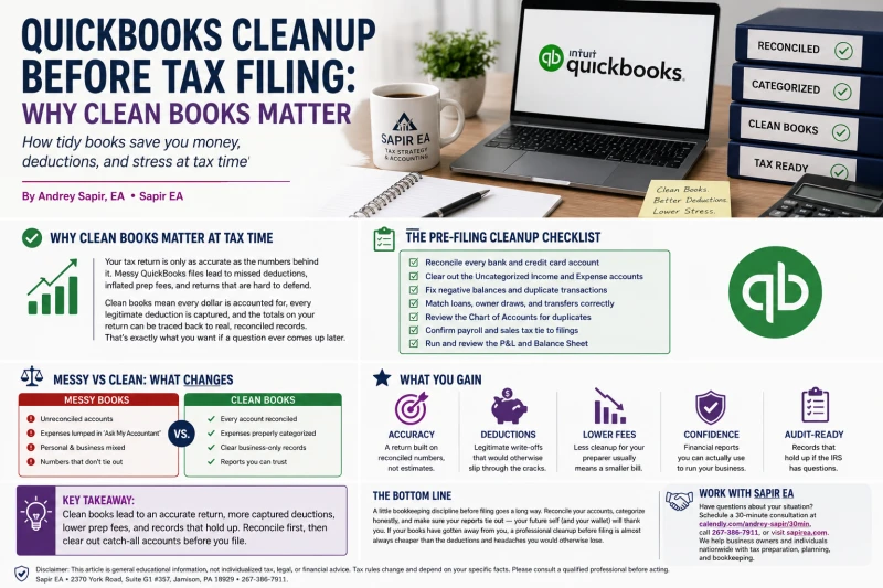QuickBooks cleanup checklist before tax filing showing reconciliation, transaction categorization, duplicate cleanup, and financial report review for small businesses.