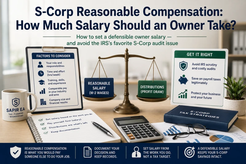 S-Corp reasonable compensation guide showing how business owners can balance W-2 salary and distributions while considering IRS salary factors.