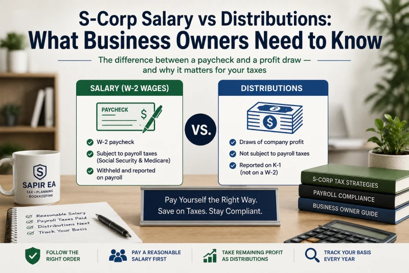 S-Corp salary vs distributions explained for business owners, comparing W-2 wages, payroll taxes, profit distributions, and basis.