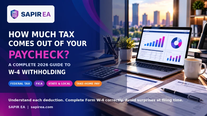2026 paycheck tax withholding guide featuring Form W-4, federal income tax, FICA, state taxes, and take-home pay calculations.